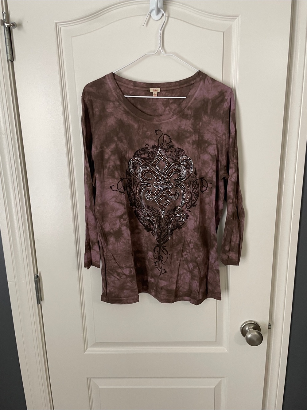 Reba Mauve Tie-Dye Long Sleeve Top with Embellished Medallion